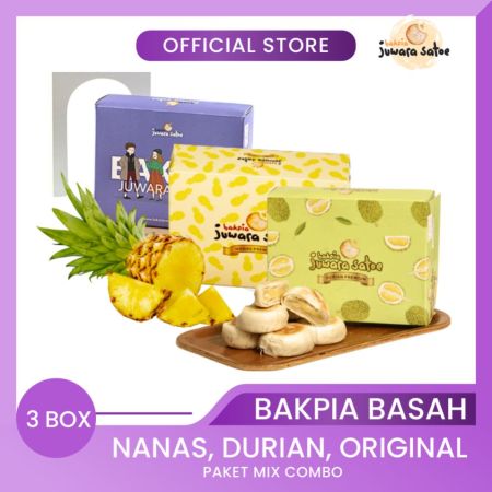 BAKPIA JUWARA SATOE [ 3 Box ] Paket Mix Combo Bakpia Basah (Nanas, Durian, Original) - Oleh Oleh Khas Jogja