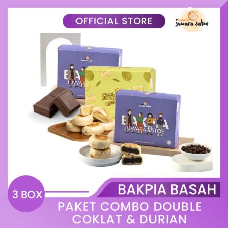 BAKPIA JUWARA SATOE [ 3 Box ] Paket Combo Double Coklat dan Durian Bakpia Basah (2Coklat, Durian) - Oleh Oleh Khas Jogja