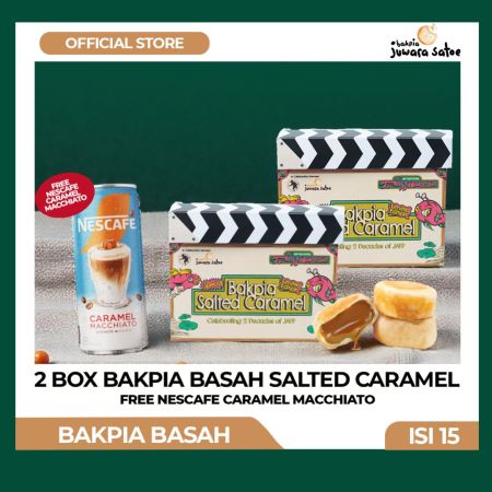 [ 2 BOX ] Paket Bakpia Basah Salted Caramel Isi 15, FREE Nescafe Caramel Machiato - BAKPIA JUWARA SATOE